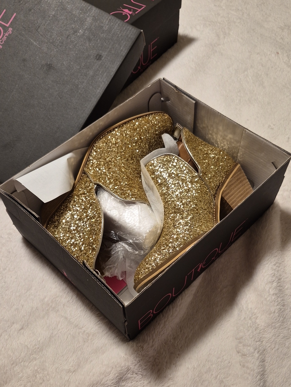 Women's Gold Glitter Ankle Booties with Low Block Heel